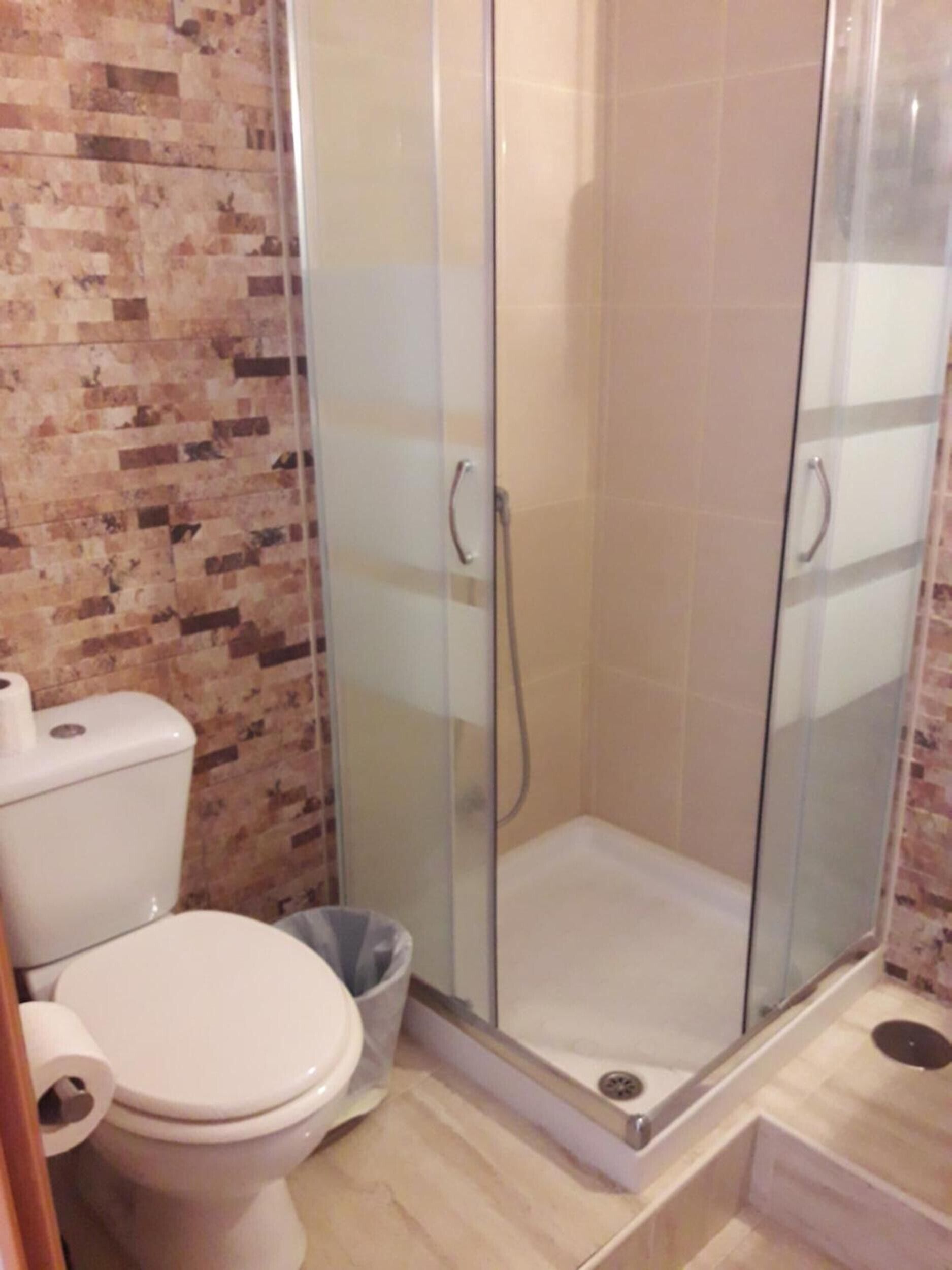 Een badkamer met toilet, een douchecabine met glazen wanden en een betegelde muur.