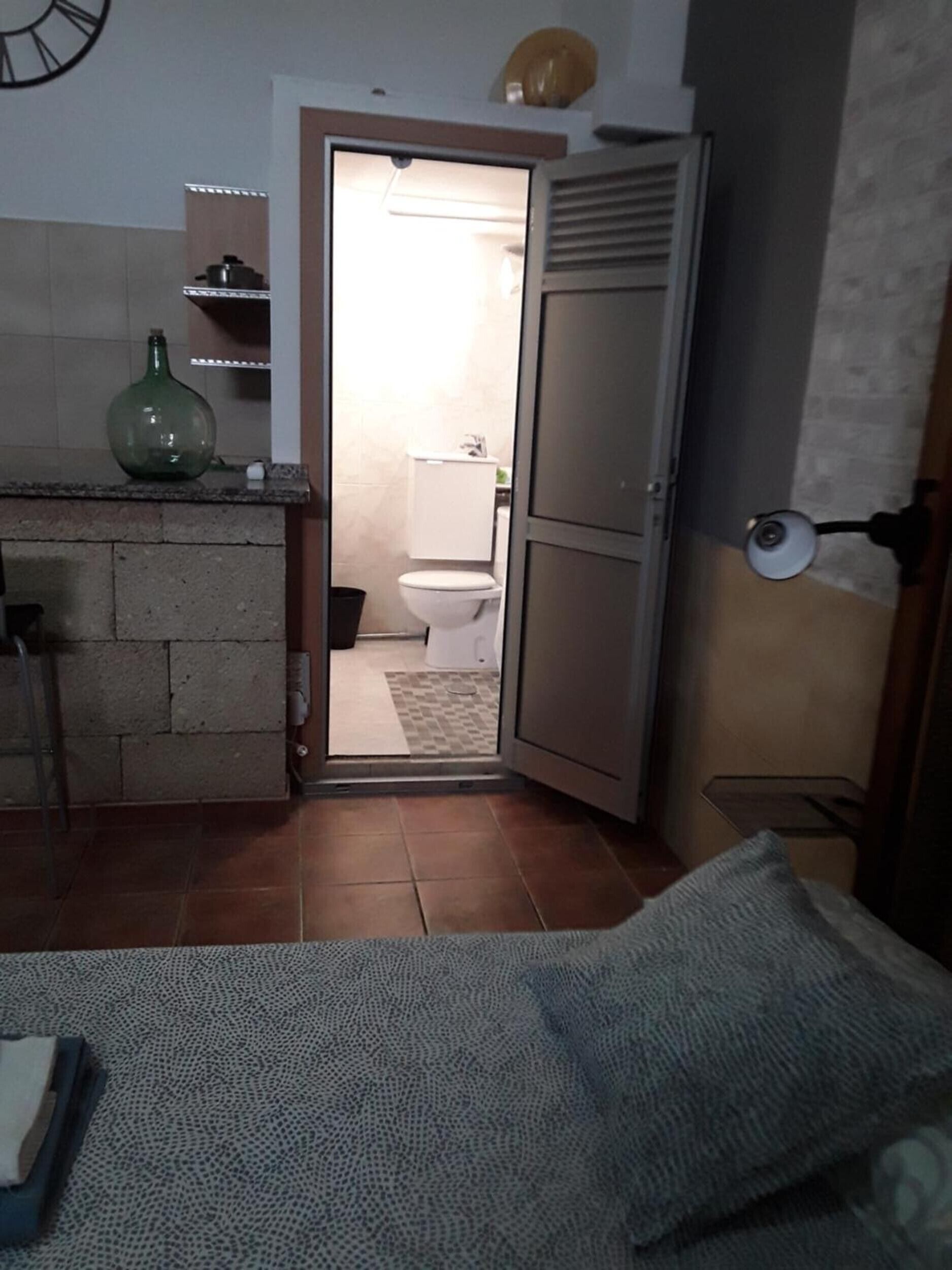 A compact living space with a kitchenette, a visible toilet, and a door leading to a bathroom.