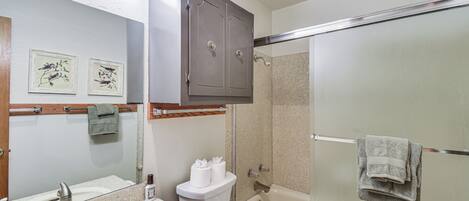 Une salle de bain équipée d’une douche, d’un lavabo, de toilettes et d’un miroir.