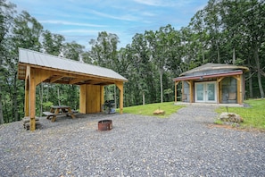 A rustic outdoor area with a wooden pavilion, a grill, and a small shed. - Outdoor Oasis w/ Mtn Views! 5-acre Augusta Getaway (Augusta)