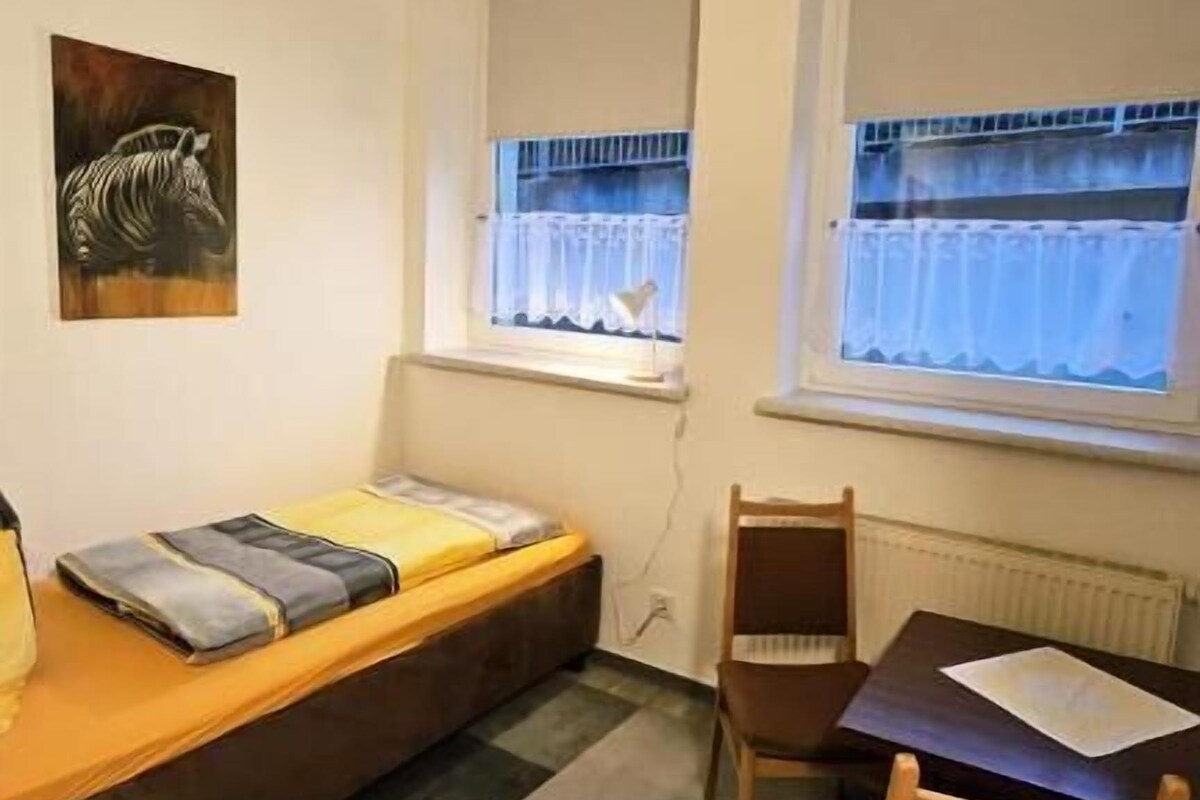 Enkeltværelse - udsigt til gårdsplads | Pengeskab på værelset, skrivebord, arbejdsområde til bærbare computere