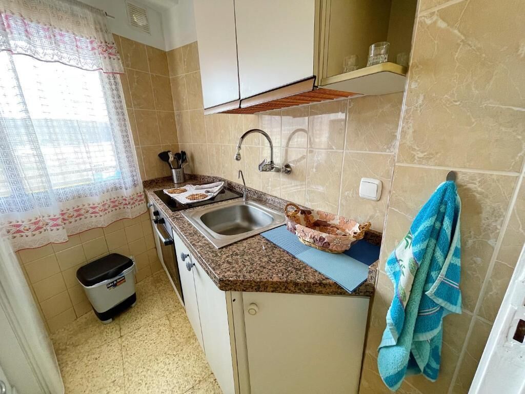 Cocina pequeña con lavamanos, encimera y cubo de basura.