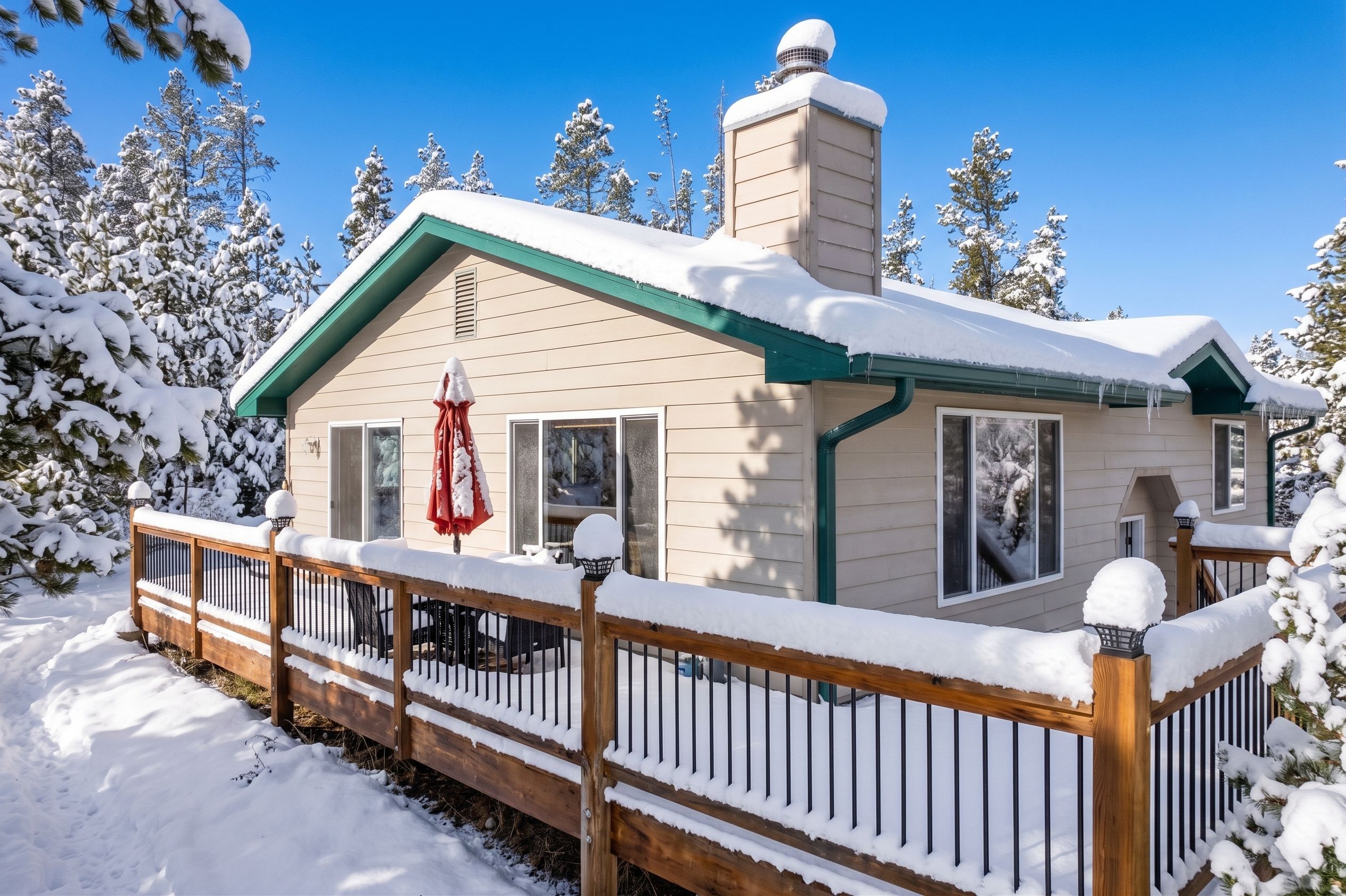 Uma cabana coberta de neve com um alpendre, rodeada por árvores.