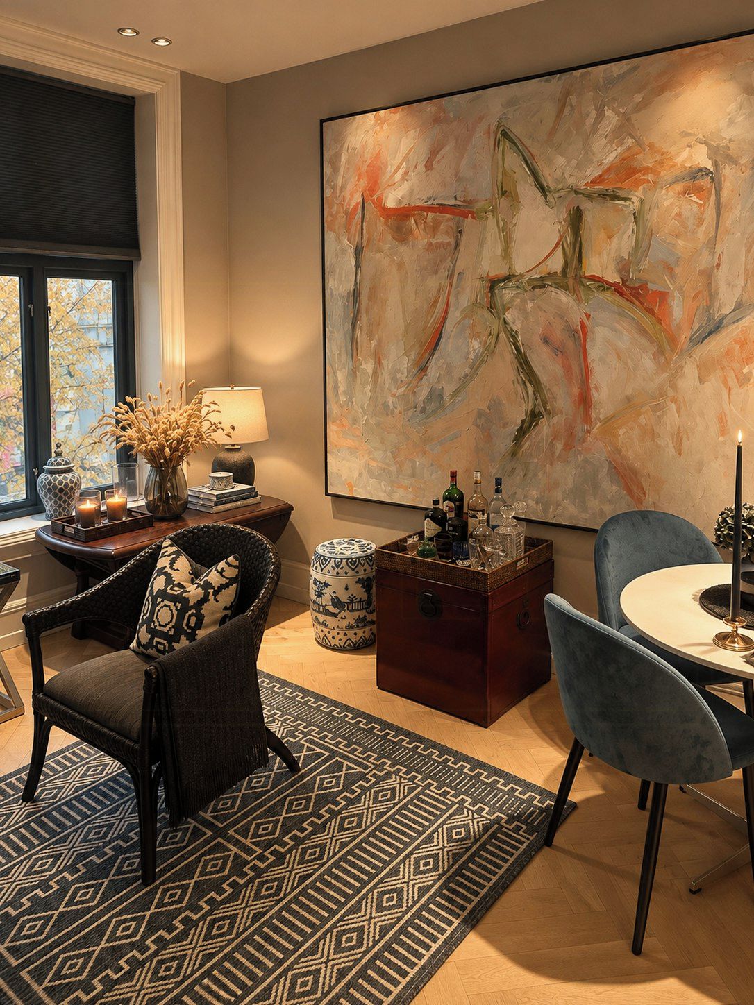 A modern living room with a large abstract painting, a dining area with a round table, and a cozy seating arrangement.
