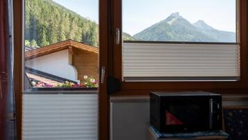 Una habitación con vista a una montaña a través de una ventana, una puerta de madera y un microondas sobre una mesita.