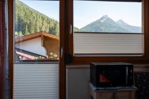 A room with a view of a mountain through a window, a wooden door, and a microwave on a small table.