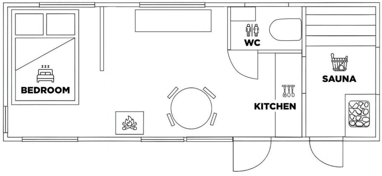 Plano de planta con un dormitorio, aseo, cocina y sauna.