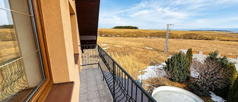 Un balcon donnant sur un paysage rural, avec une rambarde en métal et une antenne parabolique.