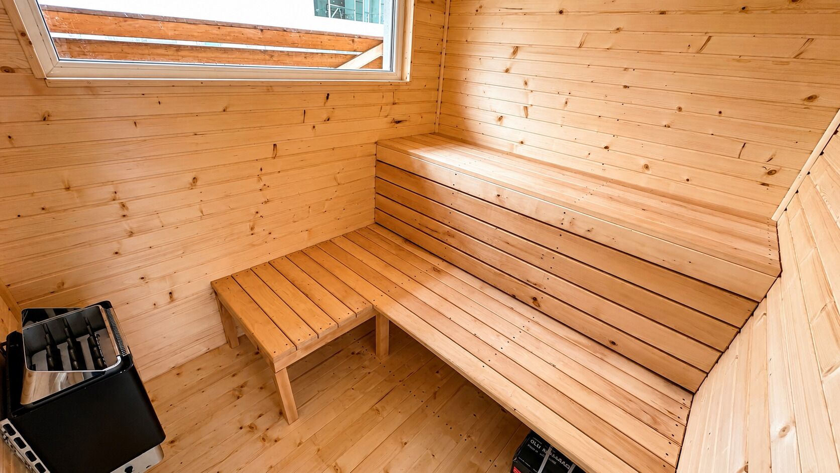 A wooden sauna room with a bench and a window.