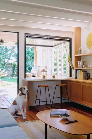 A modern kitchen with a large window, a dog sitting by the window, and a bar area with stools. - Bruns Surf Shack: Beachy Hideaway. Pet friendly! (Brunswick Heads)