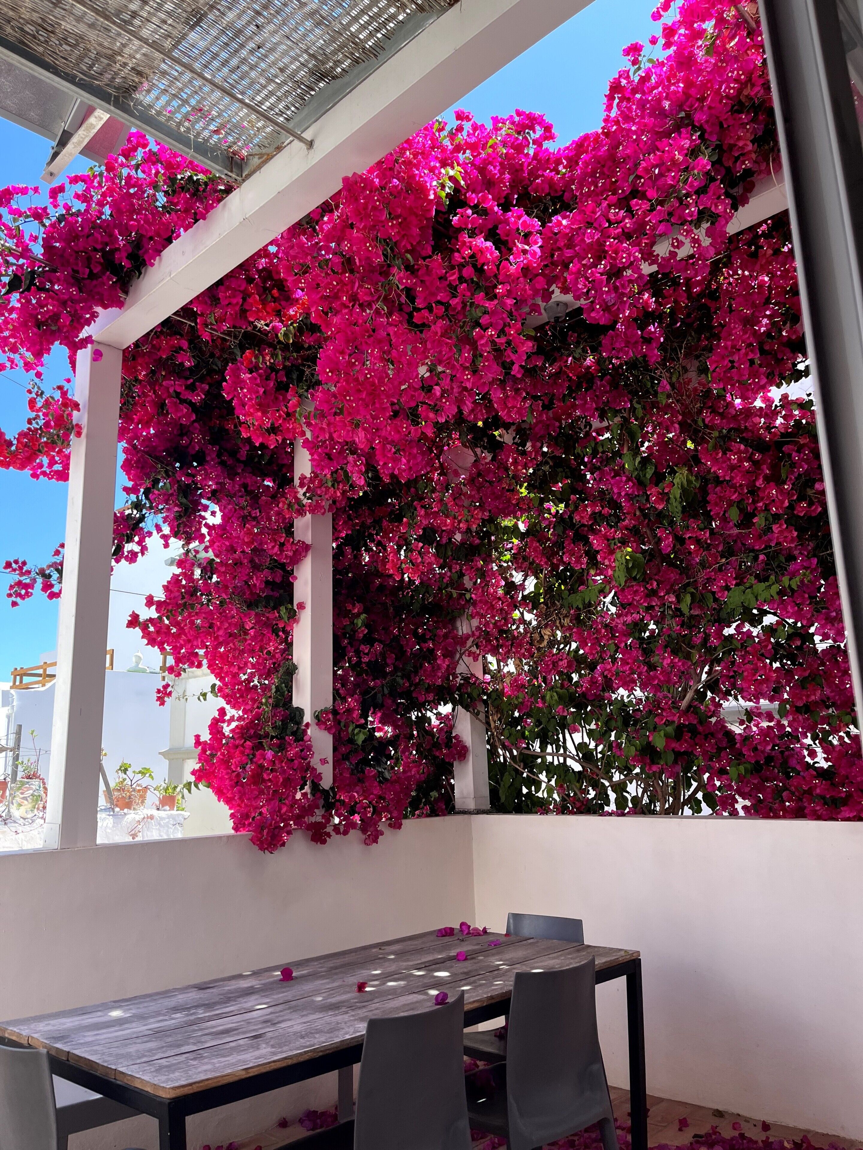 A dining area with a table and chairs, surrounded by a white wall and a balcony with pink flowers.