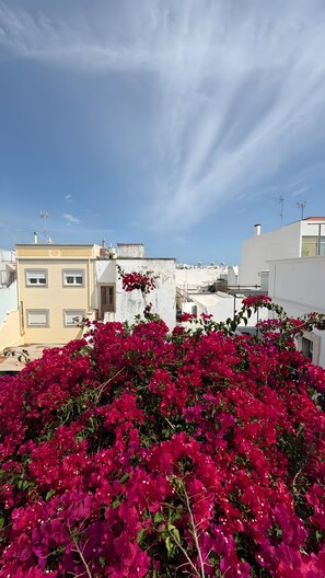Eine Dachterrasse mit Blick auf weiße Gebäude und einen klaren Himmel.