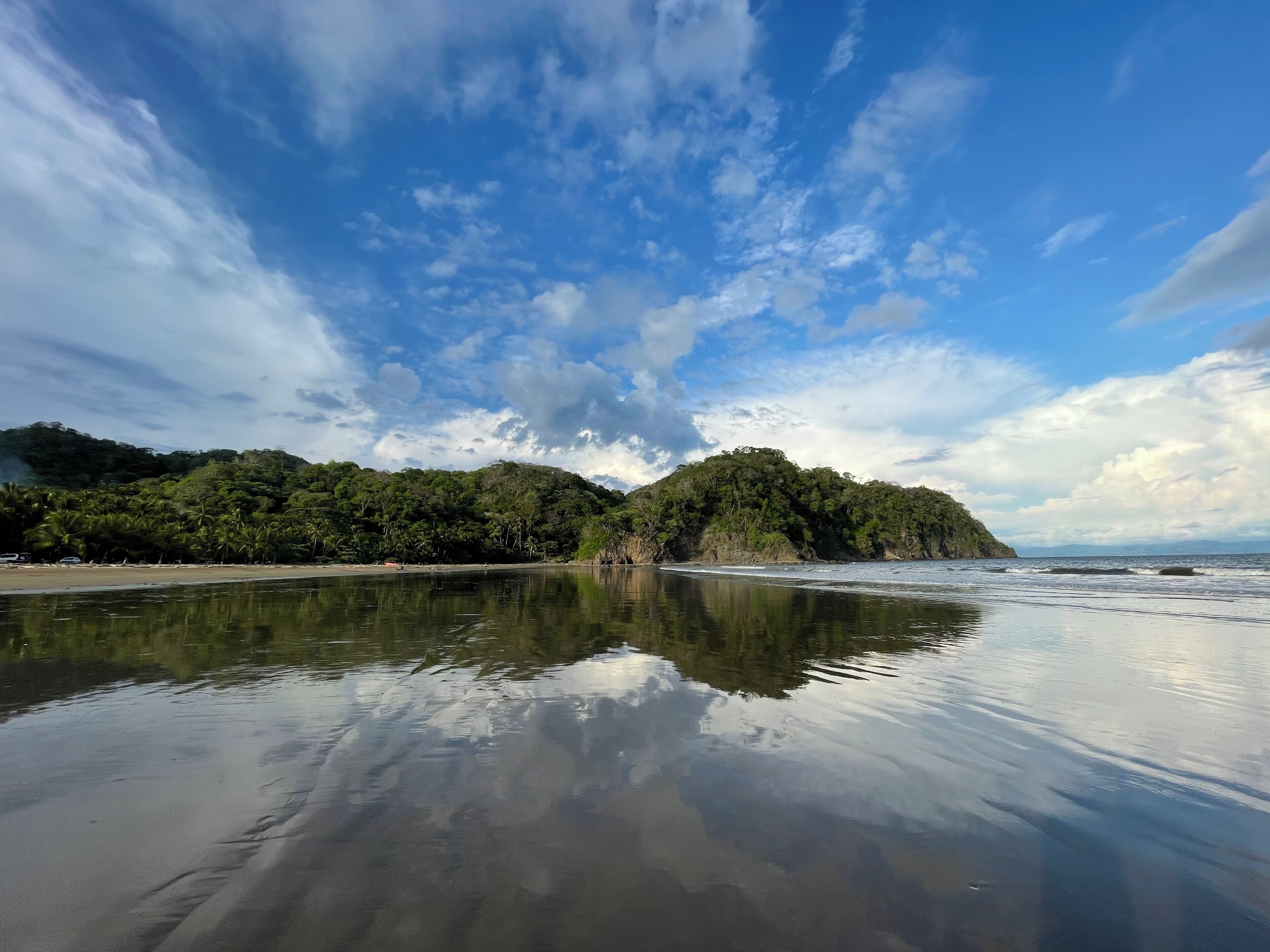 A beach with calm waters reflecting the sky and surrounding greenery.