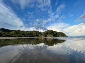 A beach with calm waters reflecting the sky and surrounding greenery.