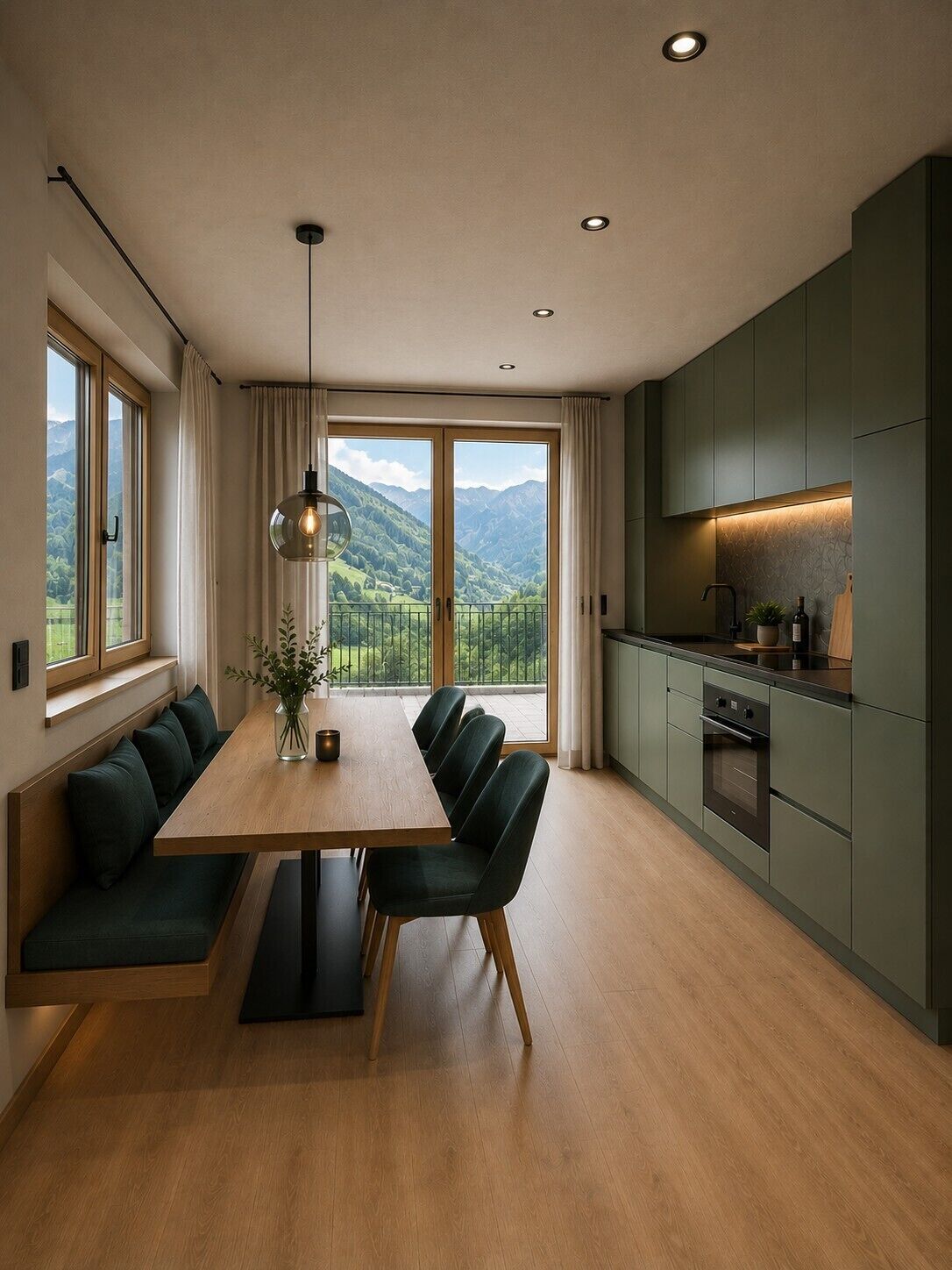 A modern kitchen with a dining area, large windows, and a view of mountains.