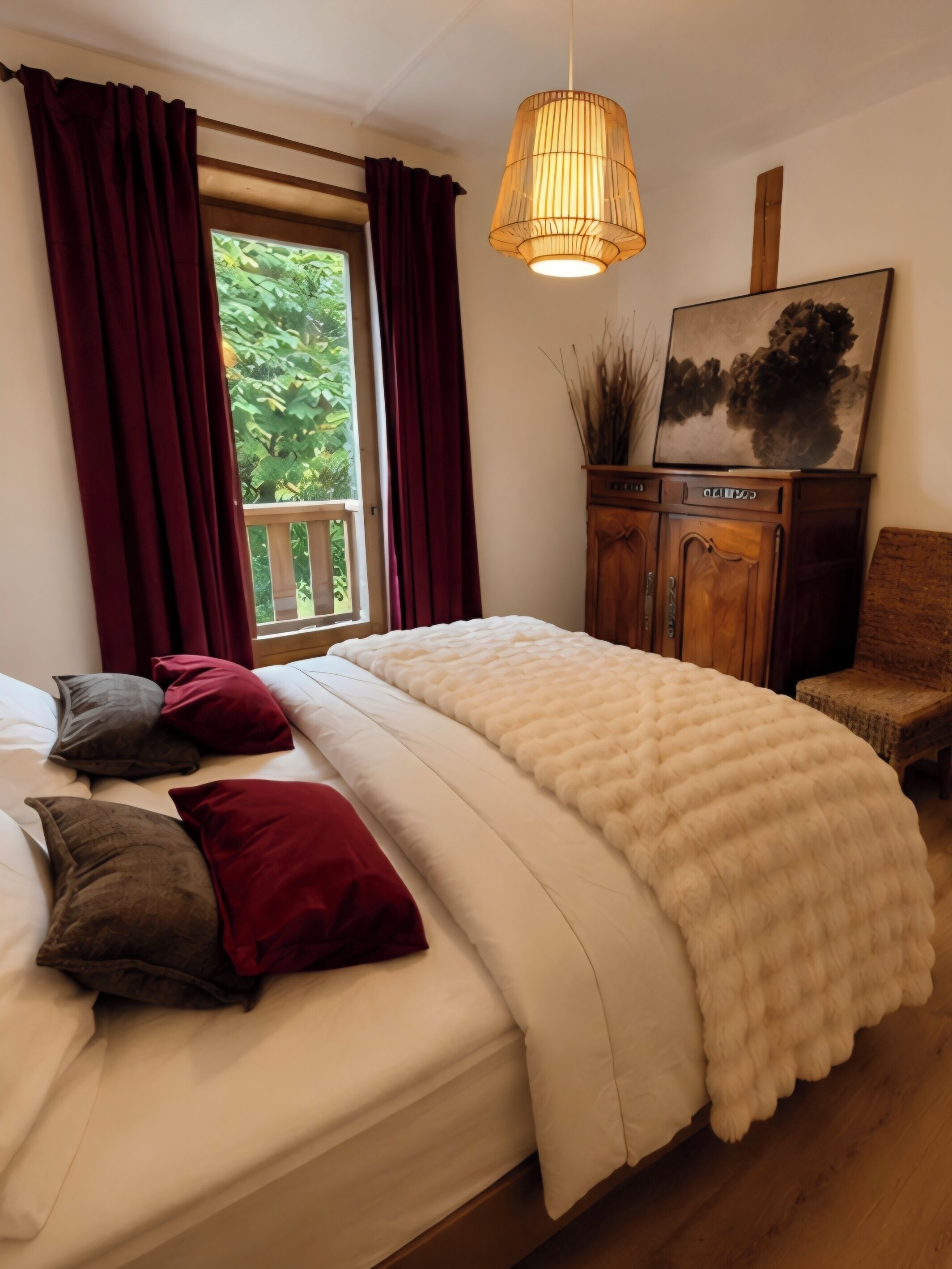 Ein Schlafzimmer mit einem Bett, einem Holzschrank, einem Stuhl und einer Pendelleuchte.