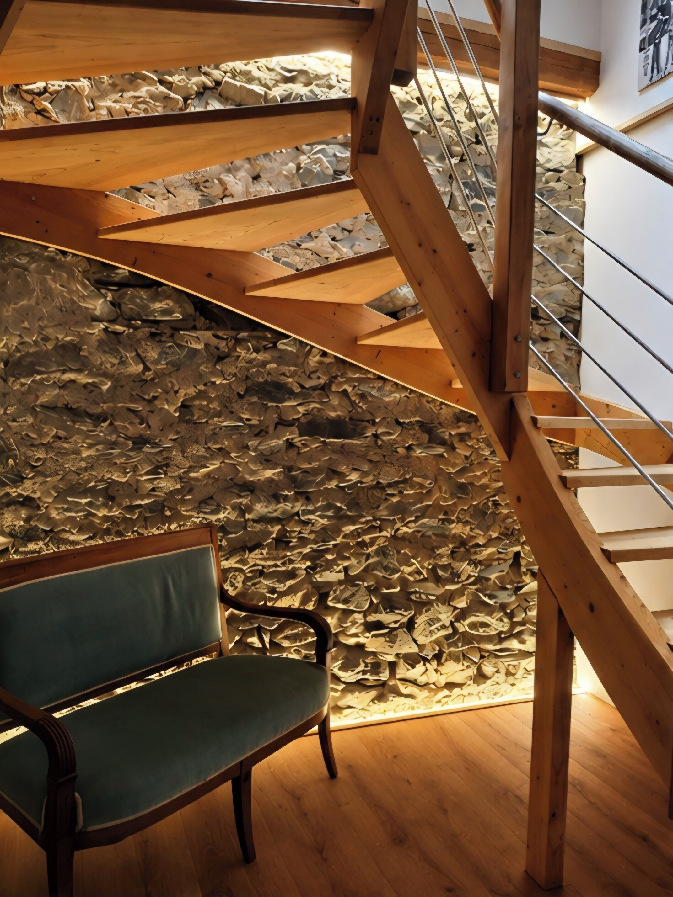 Una escalera con barandillas de madera y un muro de piedra.