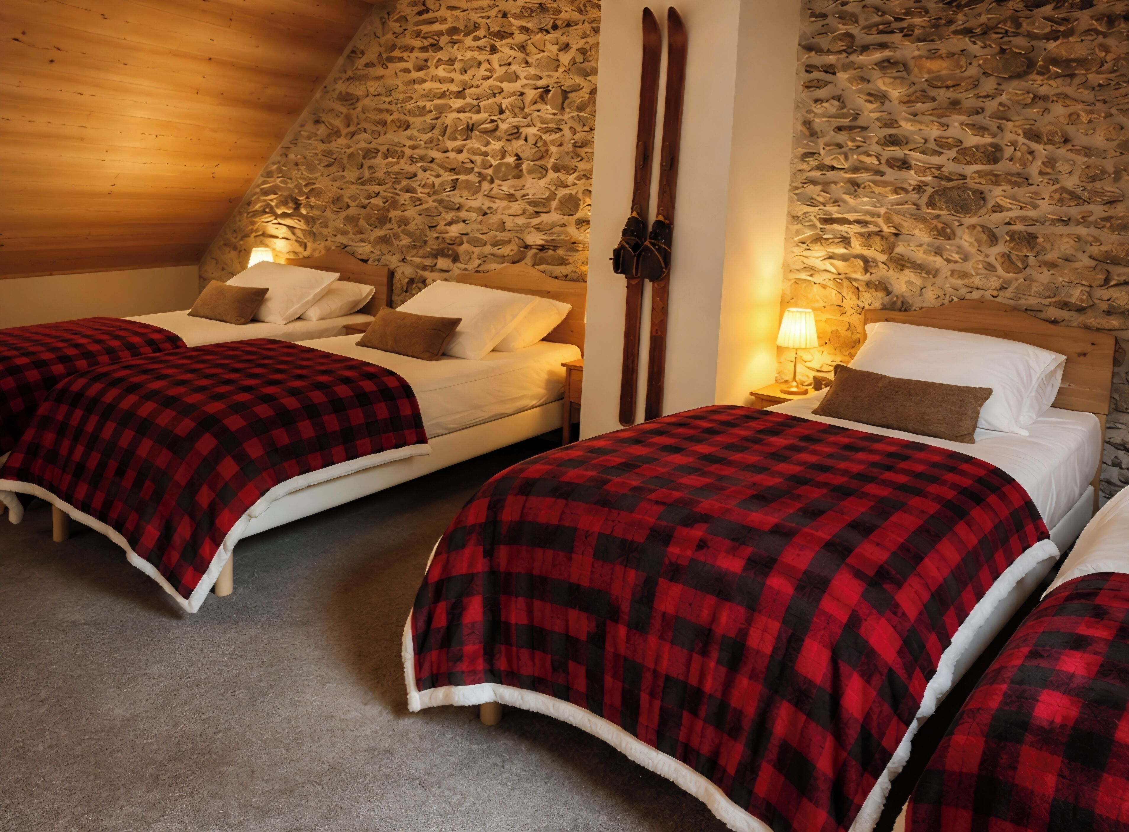 Ein Zimmer mit zwei Betten, jeweils mit einer rot-schwarz karierten Decke, hölzernen Kopfteilen und einer Steinwand.