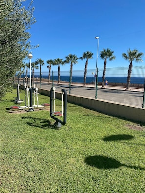 A grassy area with exercise equipment, a fence, and palm trees.
