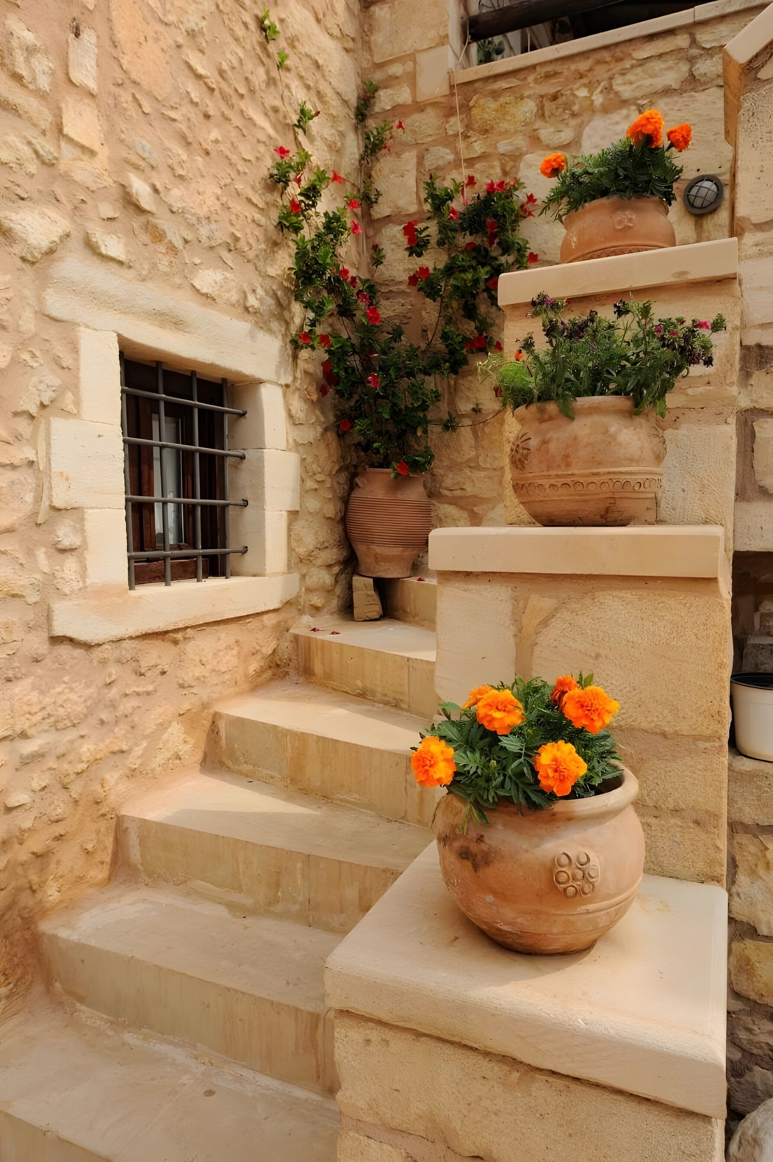 Eine Steintreppe mit Terrakottatöpfen mit Blumen.