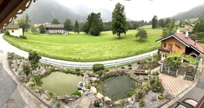 Ländliche Landschaft mit Teich, Holzhäuschen und einem eingezäunten Feld.