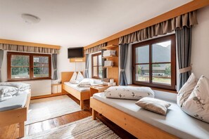 A cozy room with a bed, a desk, and a TV. There are windows with curtains, a radiator, and a view of the outdoors. - Apartment 'Hitscherhof - Abart' with Balcony and Wi-Fi (Söll)
