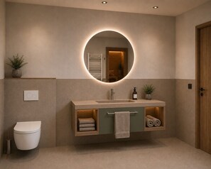 A modern bathroom with a round mirror, a sink, and a toilet. - The Peak: A Little More. A little higher. A lot more relaxed. (Kaltenbach)