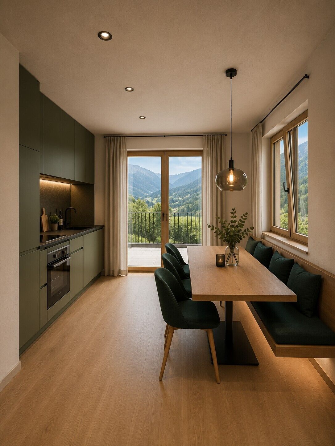A modern kitchen with a dining area, large windows, and a view of the outdoors.