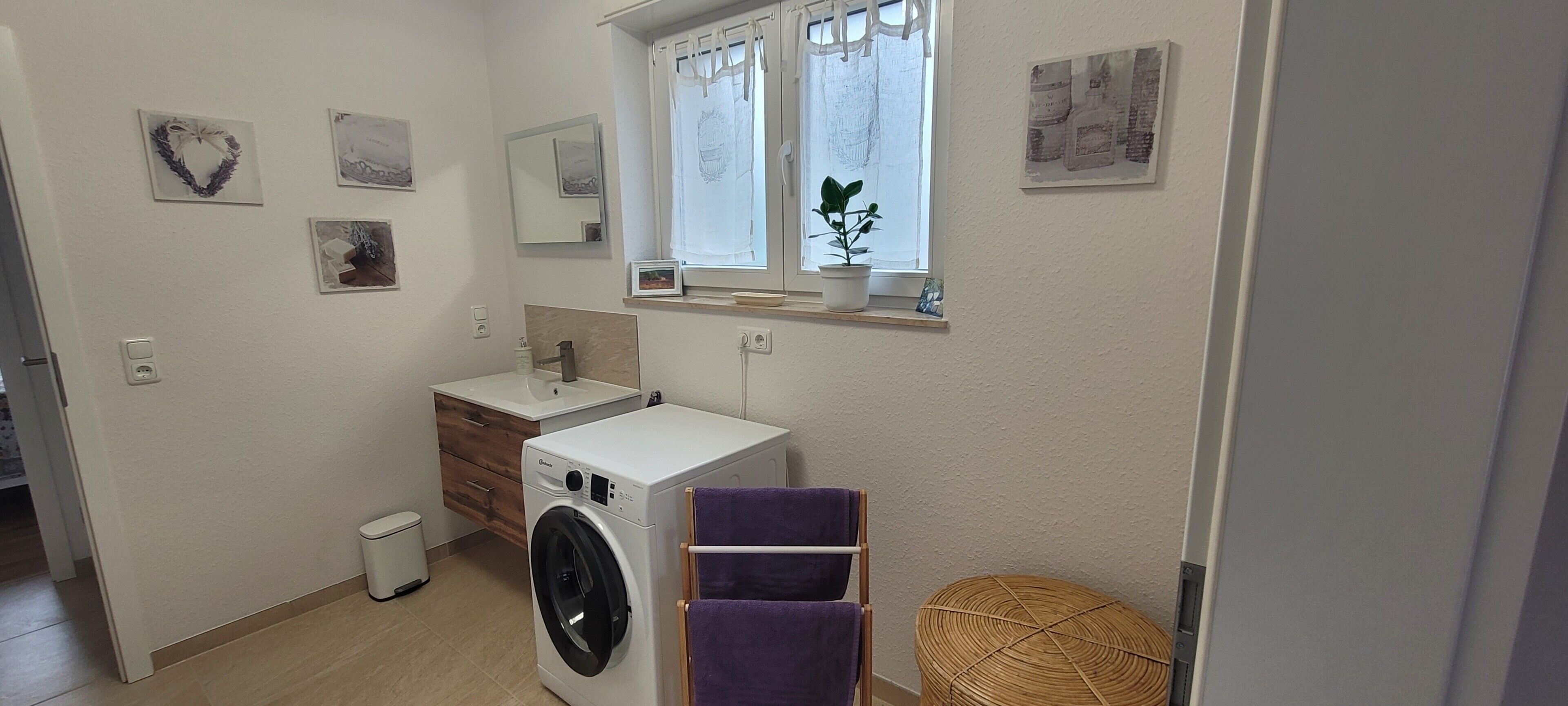 Une petite buanderie équipée d’un lave-linge, d’un évier et d’un étendoir.