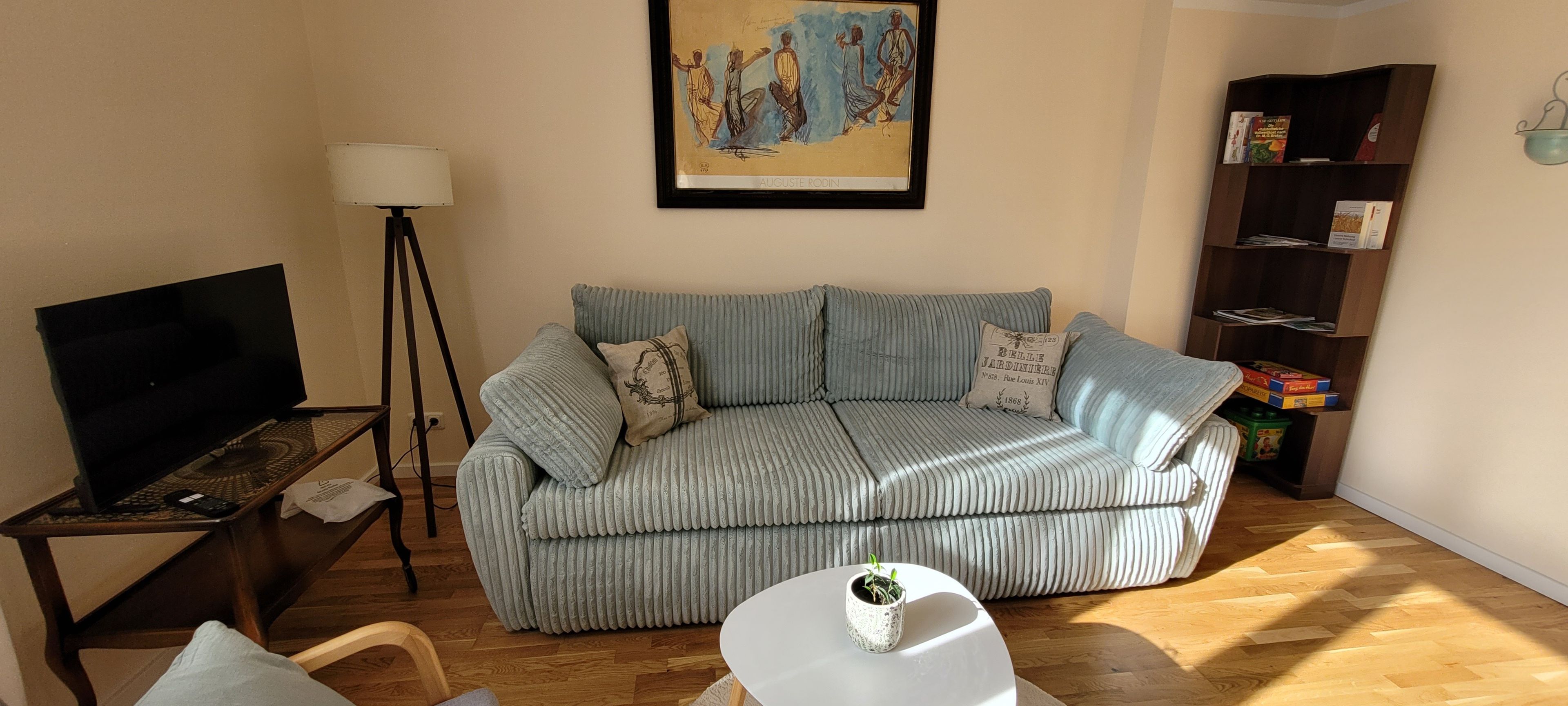 A living room with a striped sofa, a television, a floor lamp, and a bookshelf.