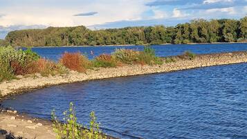 A calm river with a stone embankment and dense trees in the background.