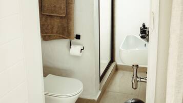 Een kleine badkamer met toilet, wastafel en douche.