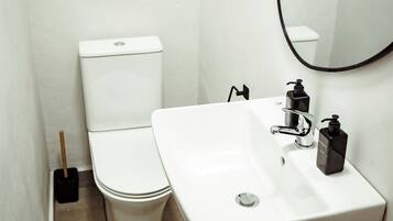 Een kleine, witte badkamer met toilet, wastafel en spiegel.
