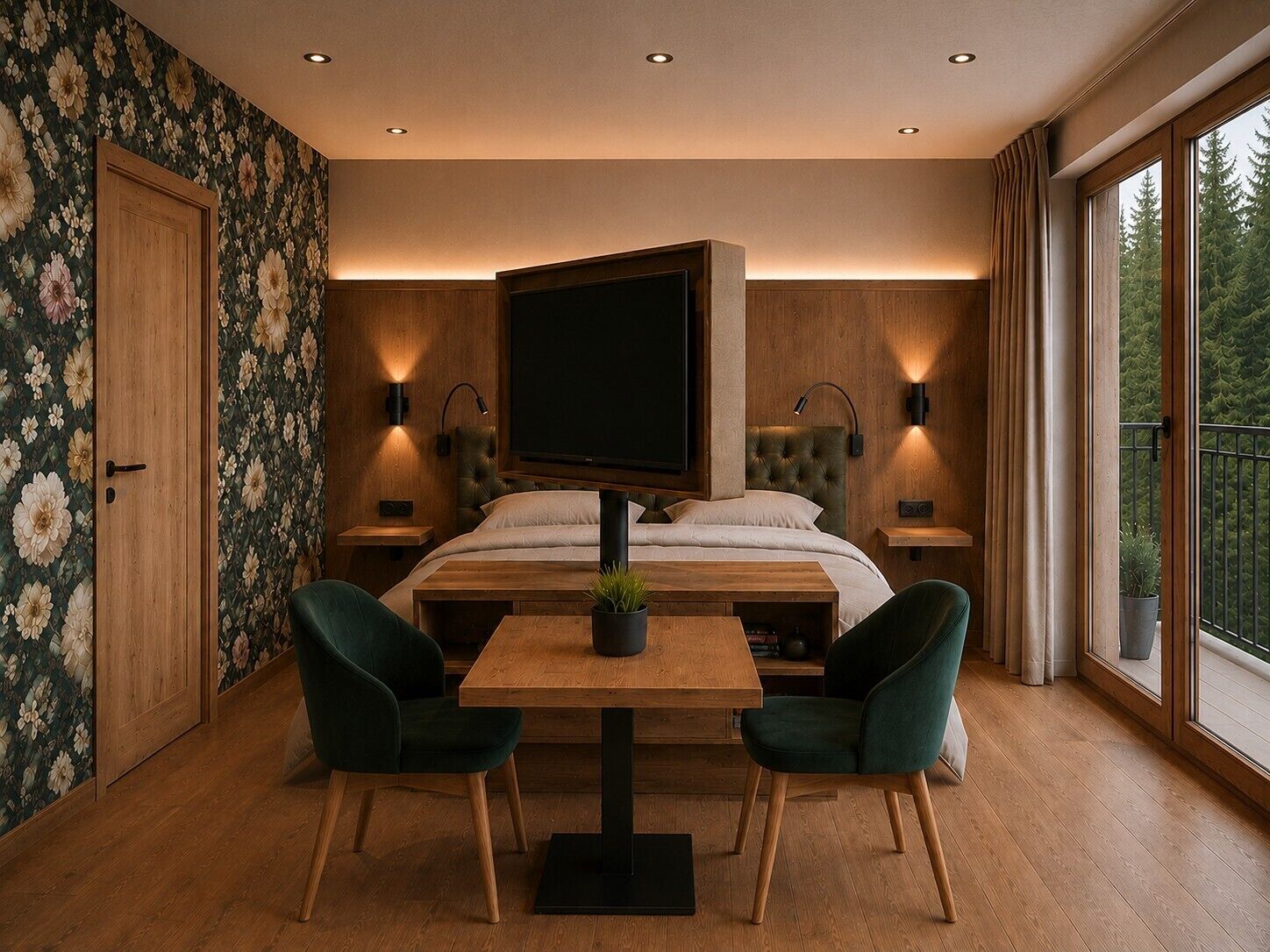 A bedroom with a bed, a TV, two chairs, a table, and a potted plant.