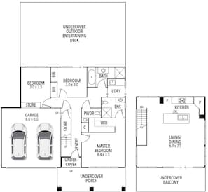 Un plan d’étage comprenant une chambre principale, deux chambres, une salle de bain, une cuisine, un espace de vie/salle à manger, un garage et une terrasse extérieure aménagée pour les réceptions.