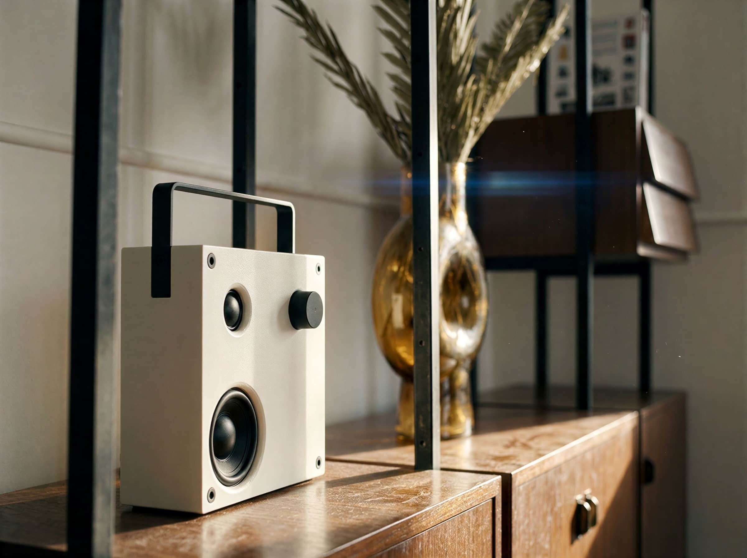 Ein Radio auf einer Holztischplatte, im Hintergrund eine Vase und eine Pflanze.