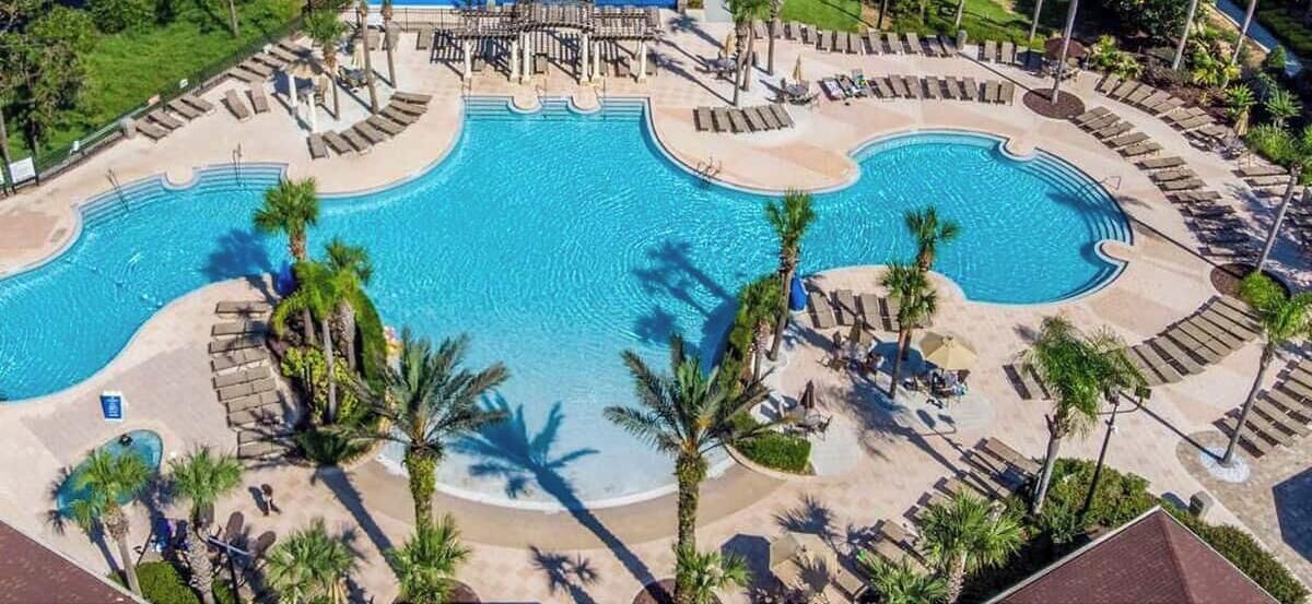 A large outdoor swimming pool with multiple lanes, surrounded by palm trees and lounge chairs.