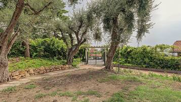 En trädgårdstig som leder till en pergola med utsikt över ett bostadsområde.