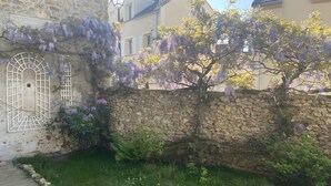 A stone wall with a window and a tree with purple flowers.