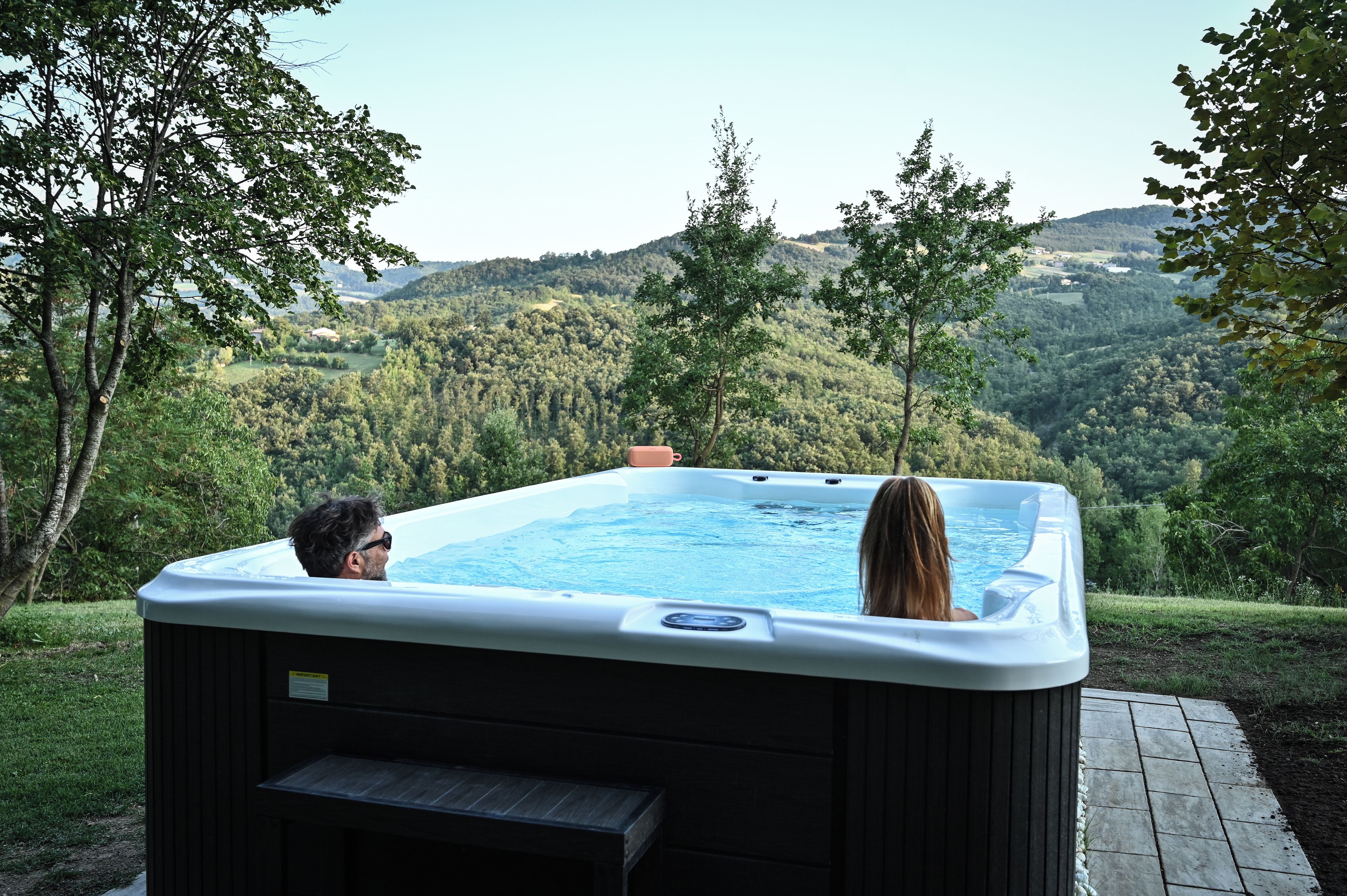 Un bain à remous avec vue sur une colline boisée.