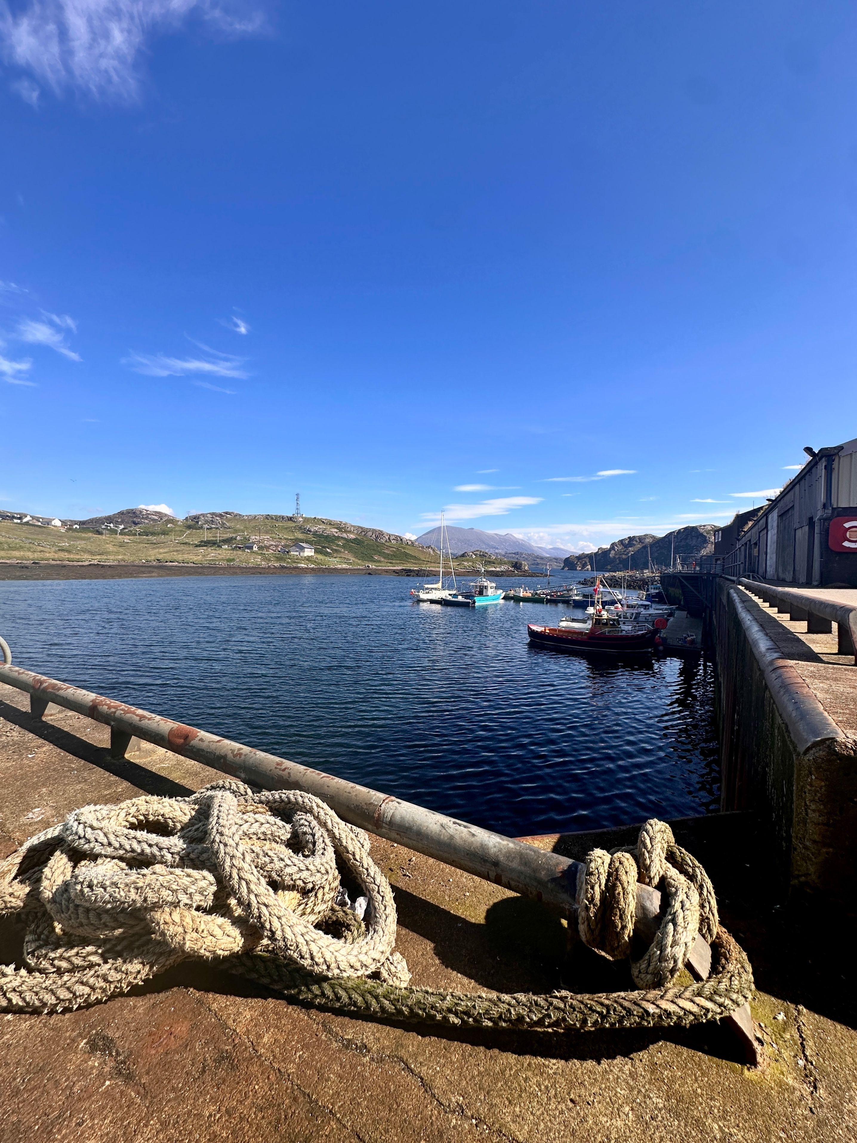 Un port avec des bateaux, une corde et une montagne lointaine.