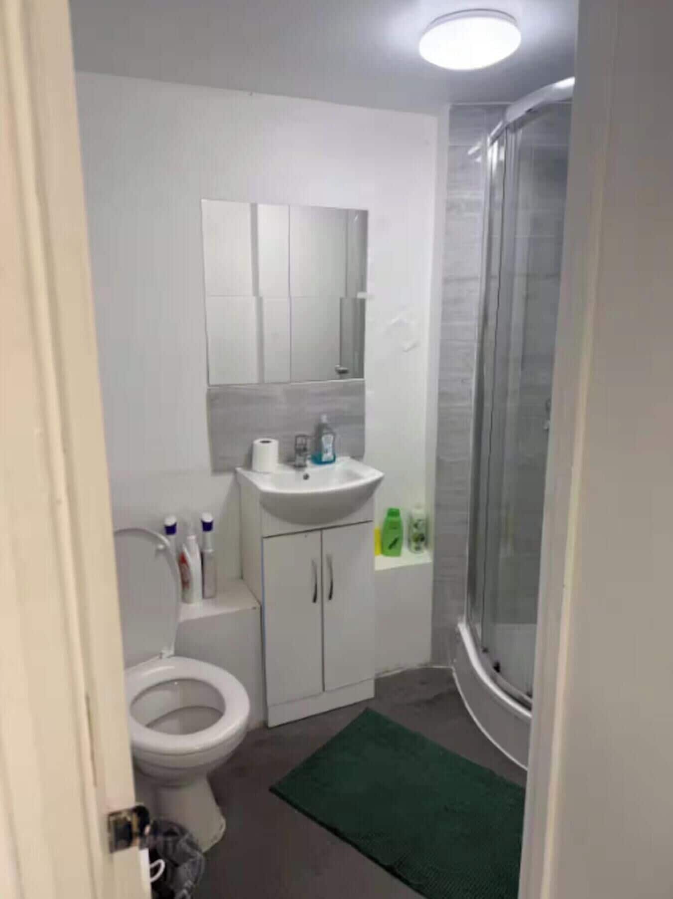 Ein Badezimmer mit Toilette, Waschbecken, Spiegel und Dusche.