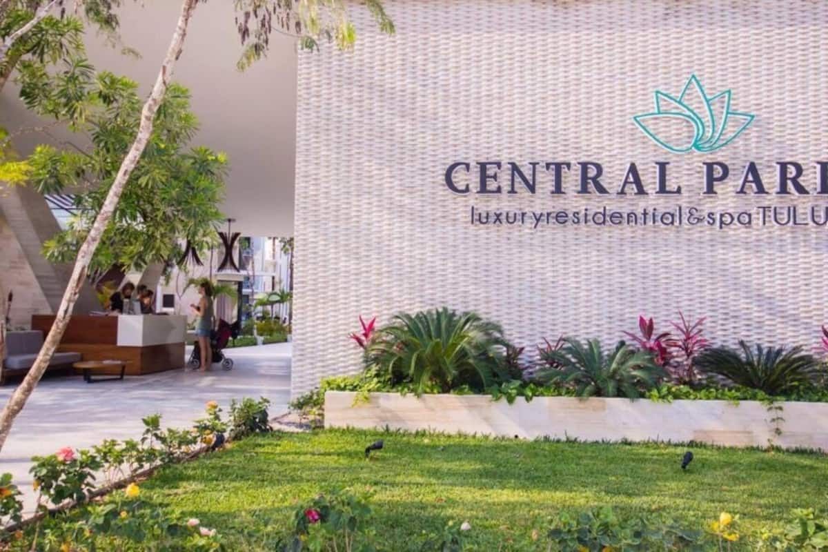 A reception area with a modern design, a logo, and a landscaped garden.