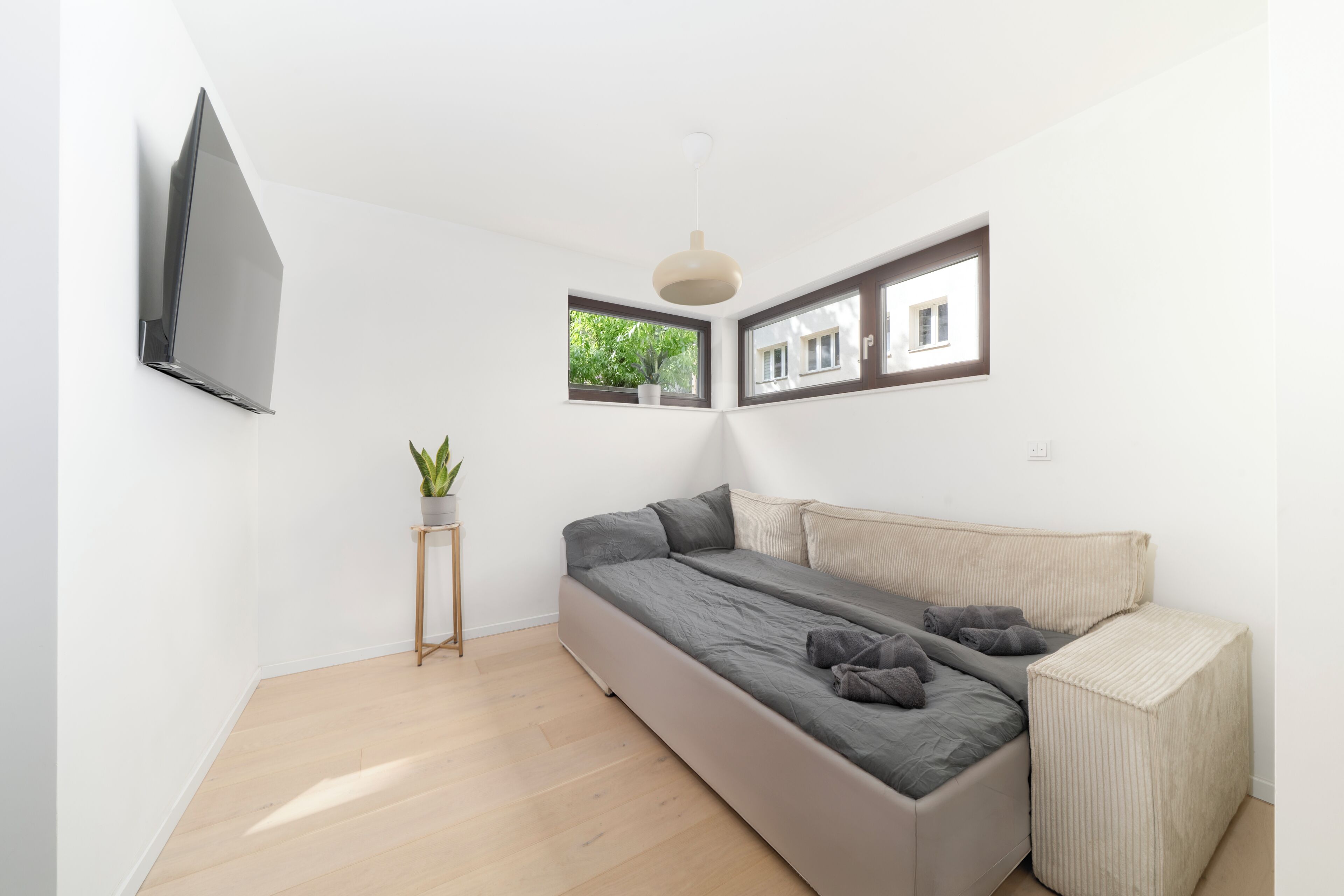 Ein modernes Schlafzimmer mit Schlafsofa, einem kleinen Tisch mit Pflanze und einem an der Wand befestigten Fernseher.