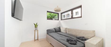 Ein modernes Schlafzimmer mit Schlafsofa, einem kleinen Tisch mit Pflanze und einem an der Wand befestigten Fernseher.