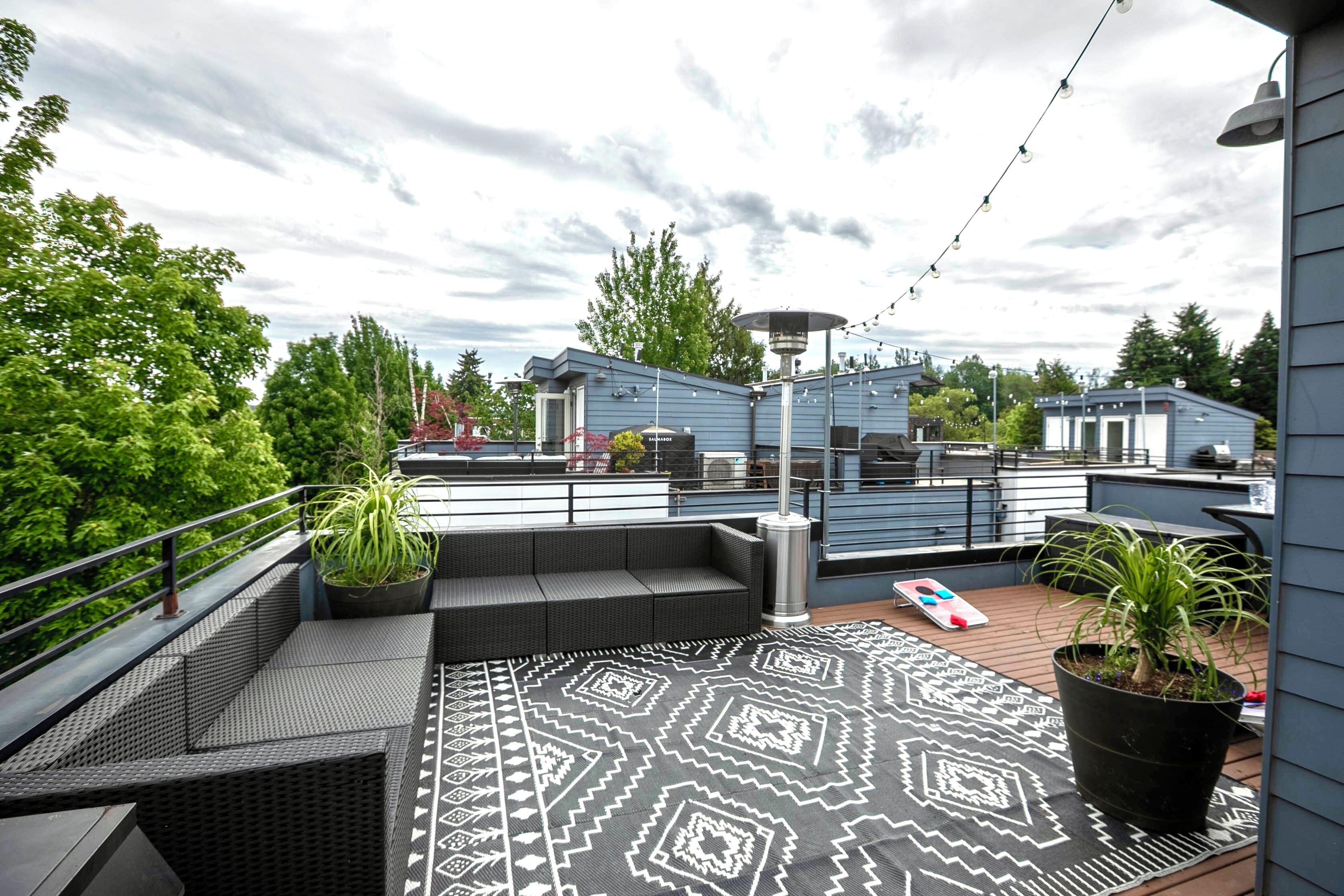 A rooftop terrace with outdoor seating, a patterned rug, and potted plants.
