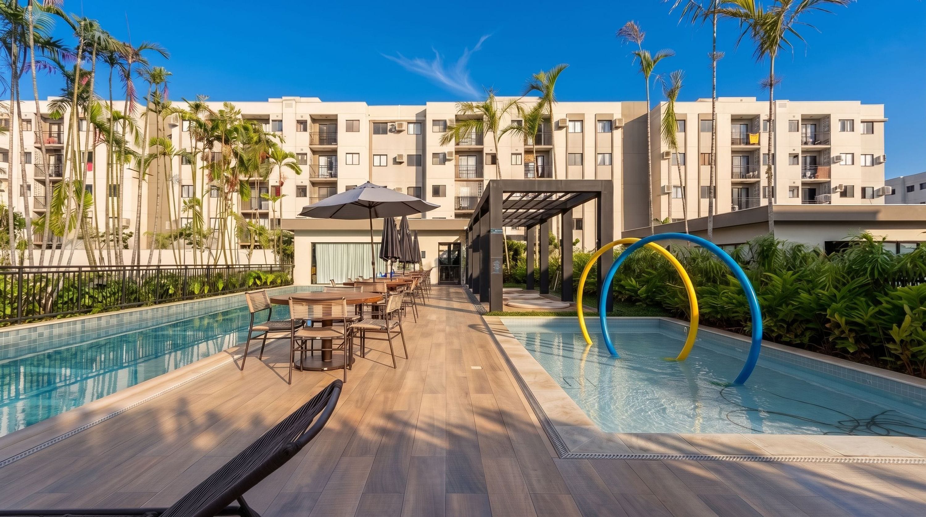Una piscina con sillones de playa y sombrillas, rodeada de palmeras y un edificio de varios pisos.