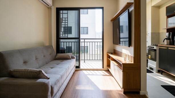 A modern apartment with a sofa, a flat-screen TV, a kitchen area, and a balcony with a view. - Apto c Piscina e Varanda Perto do Parque Ol Mpico (Rio de Janeiro)