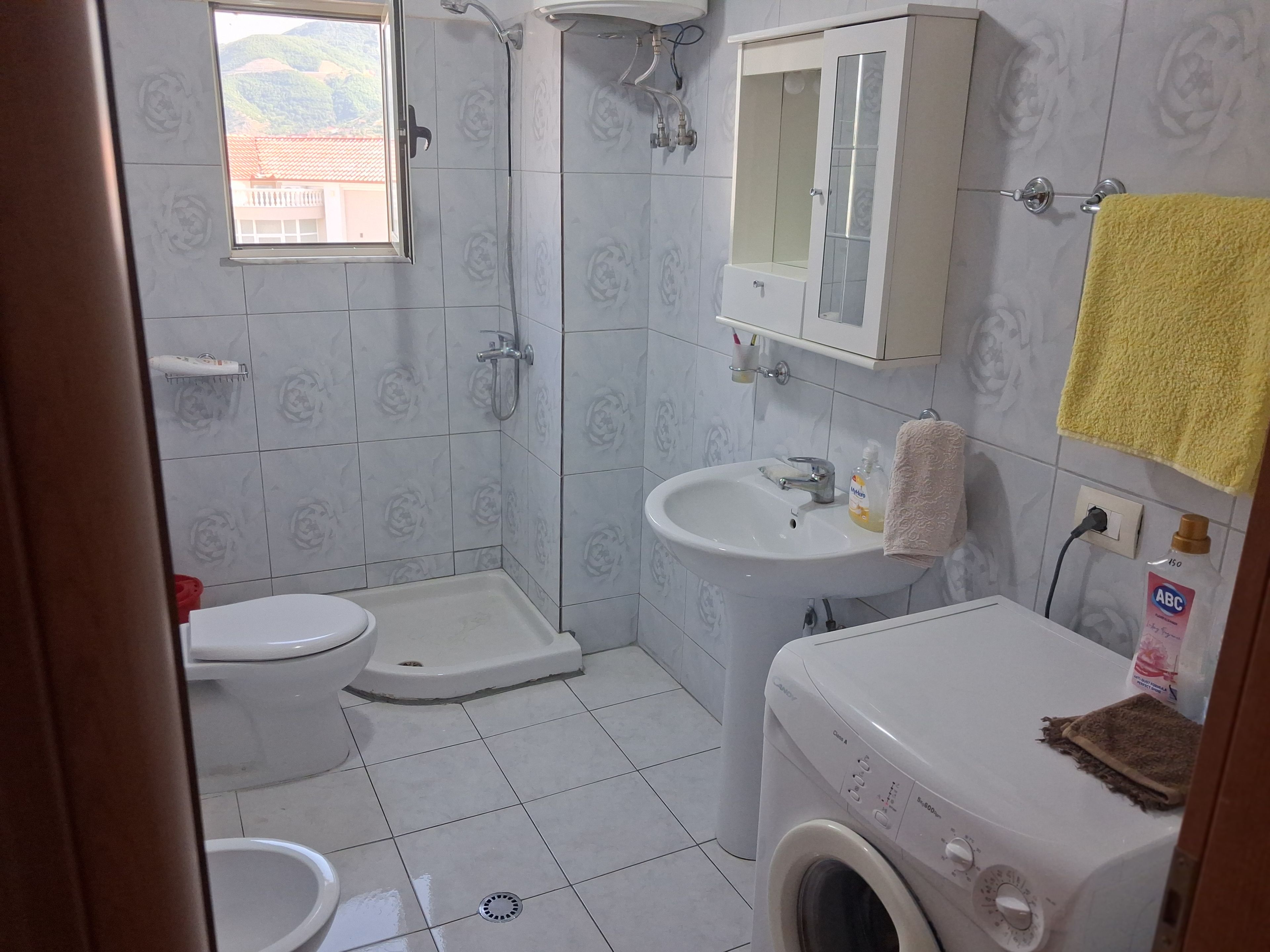 Une salle de bain équipée de toilettes, d’une douche, d’un lavabo et d’un lave-linge.