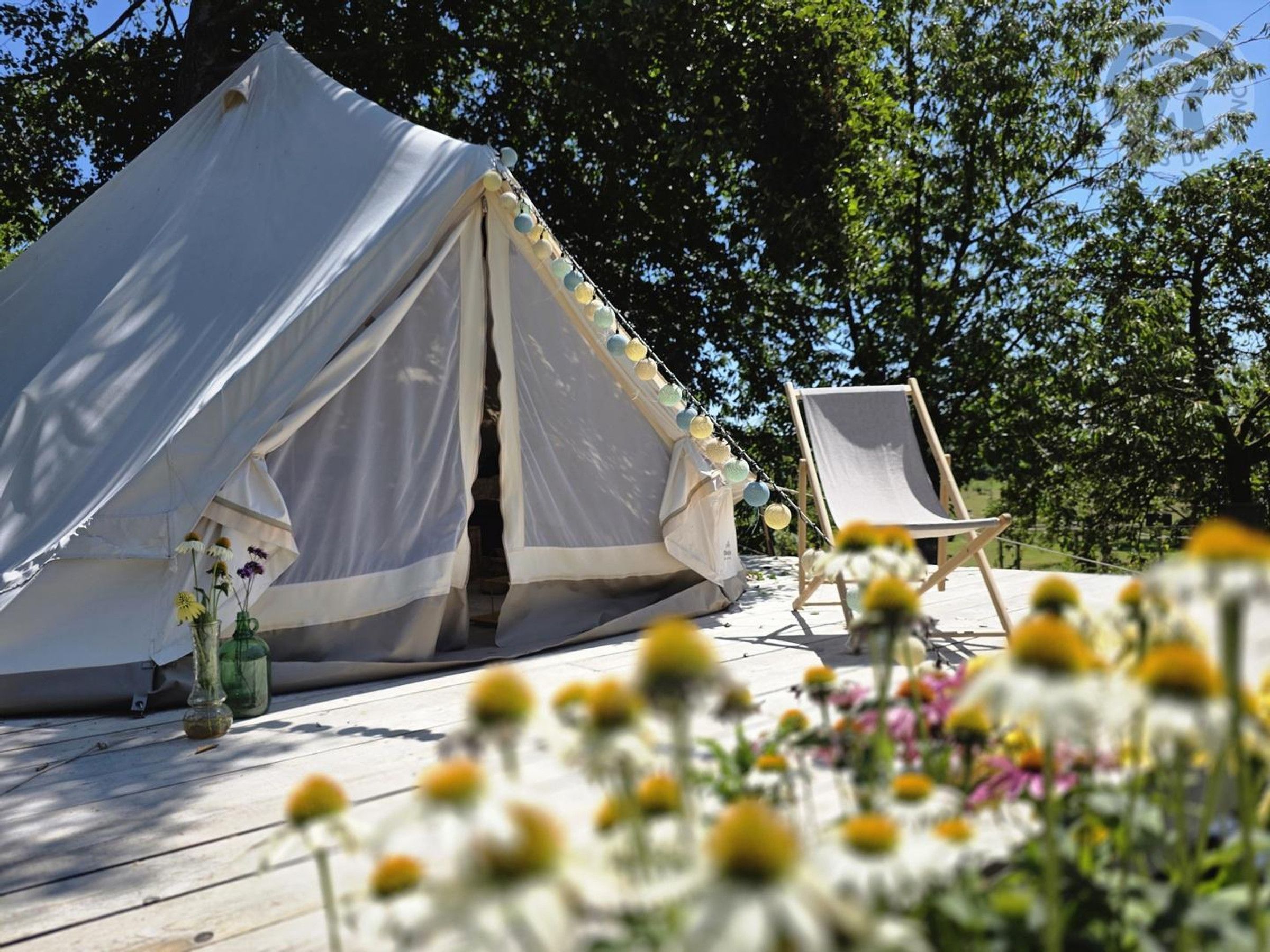 Una tenda amb una entrada espaiosa, un terra de fusta i una cadira.